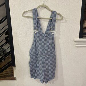 &Merci Checkered Blue Denim Short Overalls